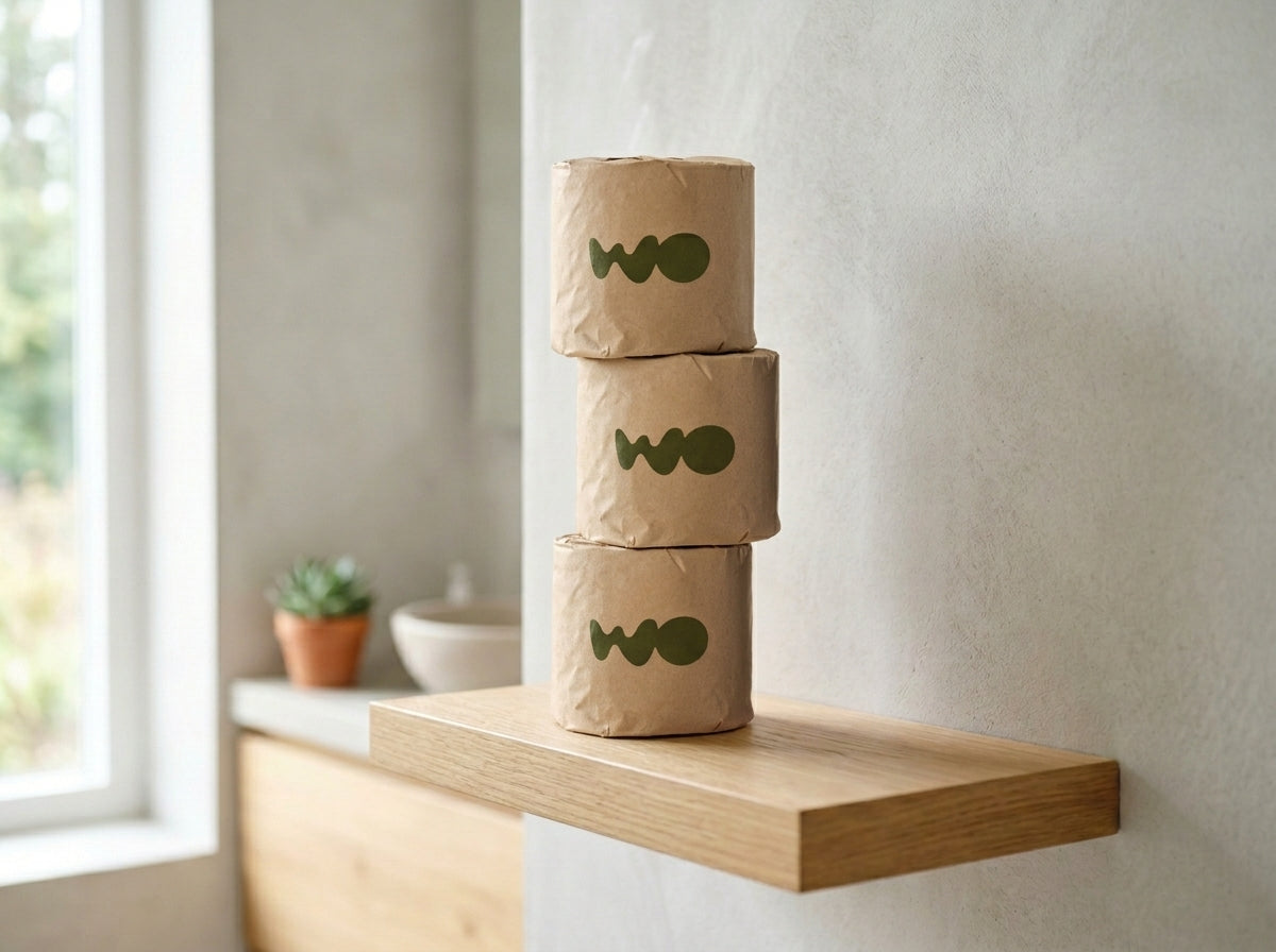 Unbleached beige bamboo toilet paper rolls stacked on a bright minimalist bathroom shelf