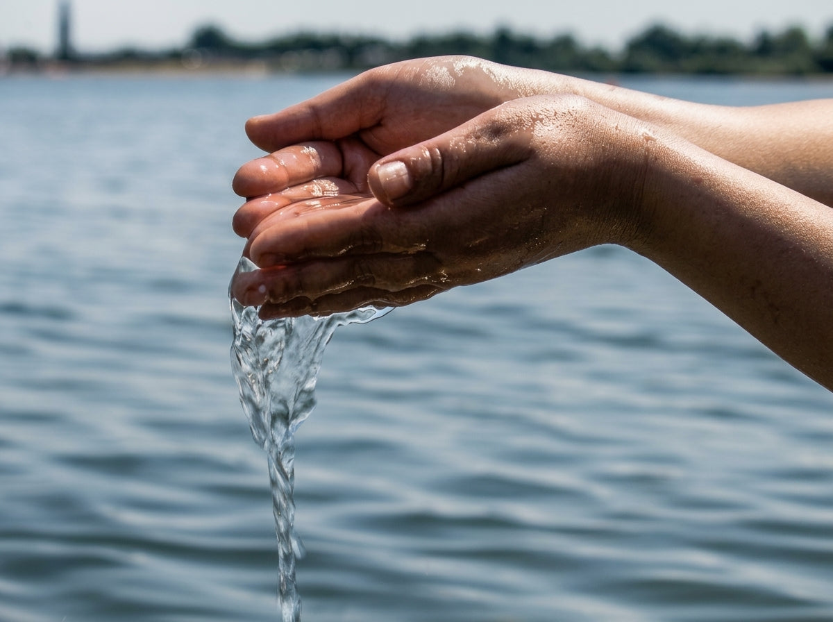 water usage concept image - water flowing from hands, river in background